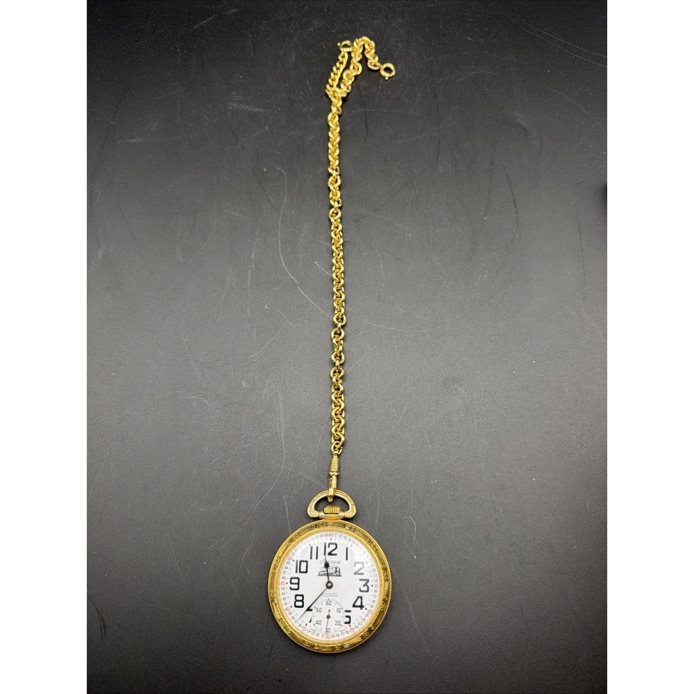 Vintage Arnex Swiss 17 Jewel Railroad Pocket Watch Gold Tone w Chain